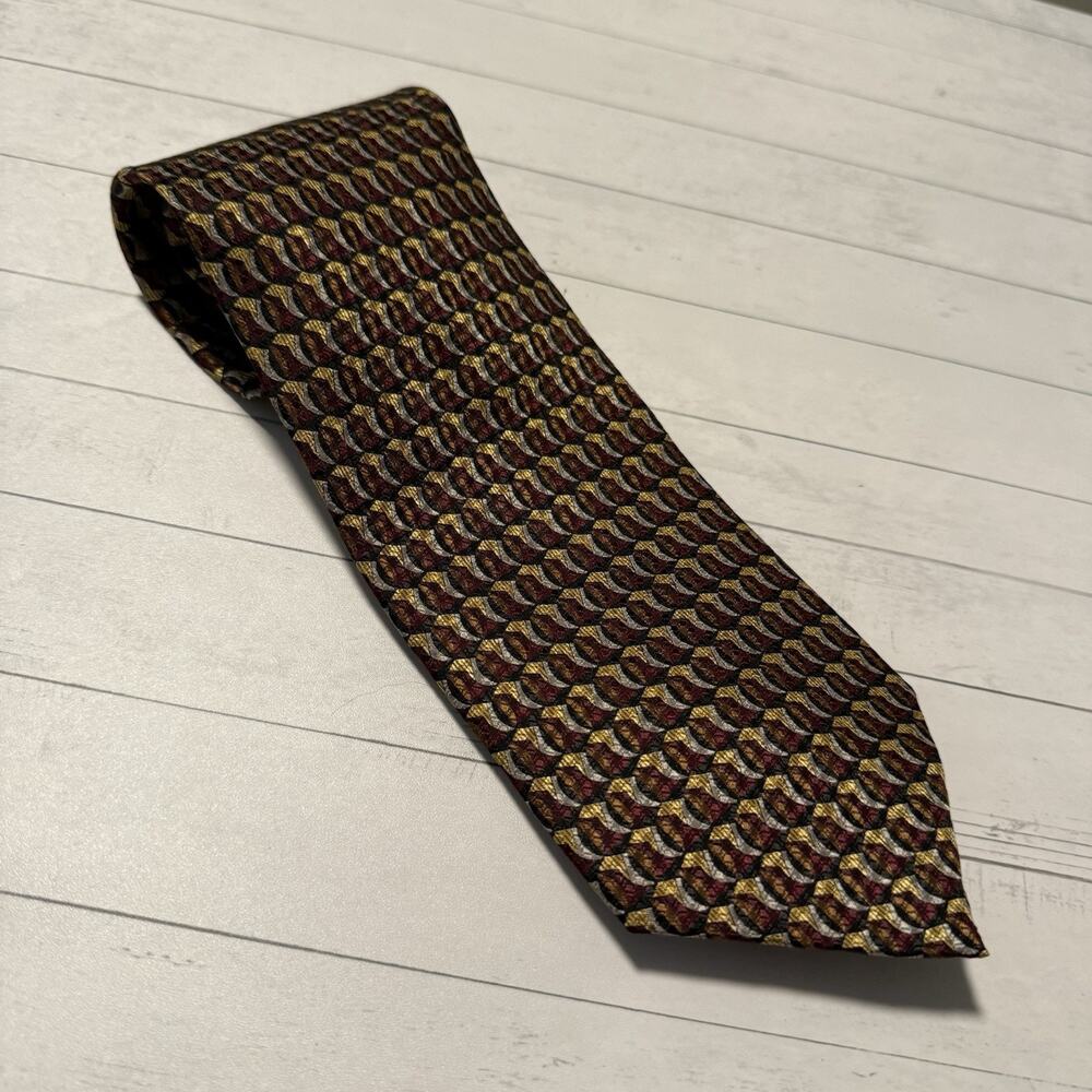 DANI Moda Maschile Geometric Silk Tie Red Gold Navy Made in Korea 58”